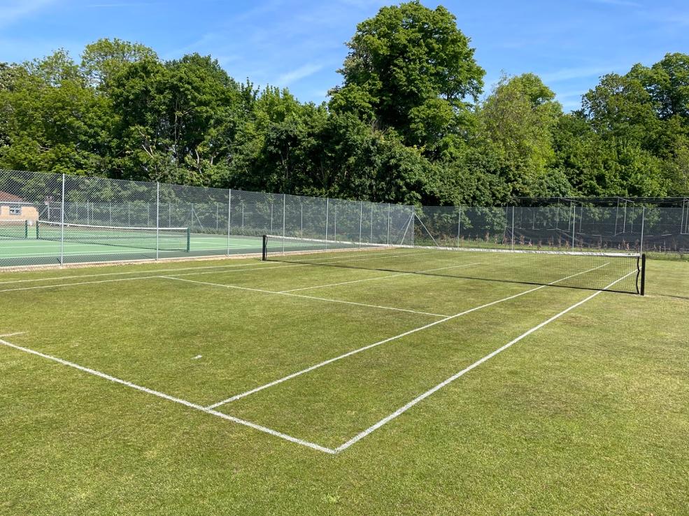 青空の下、緑の芝が整えられた屋外のテニスコート
